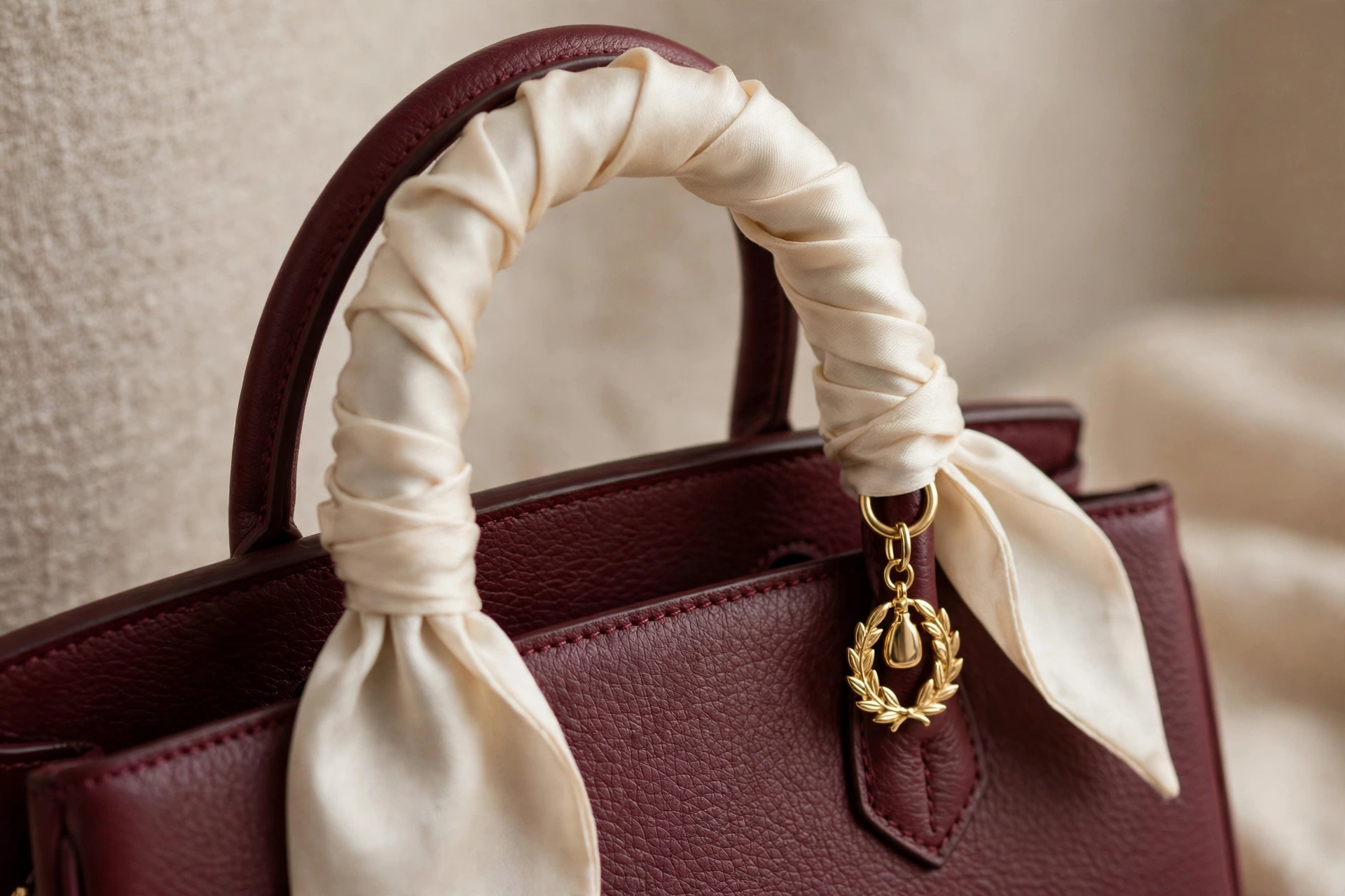 Burgundy designer bag handle wrapped with a silk scarf and gold bag charm