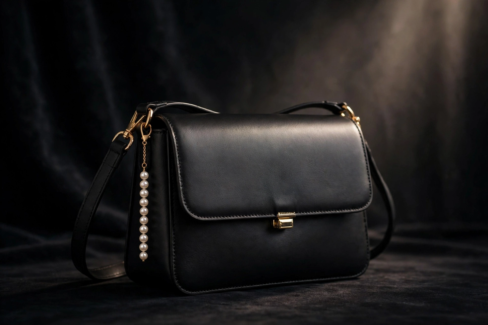 Black crossbody bag styled with a single pearl strand bag charm for evening