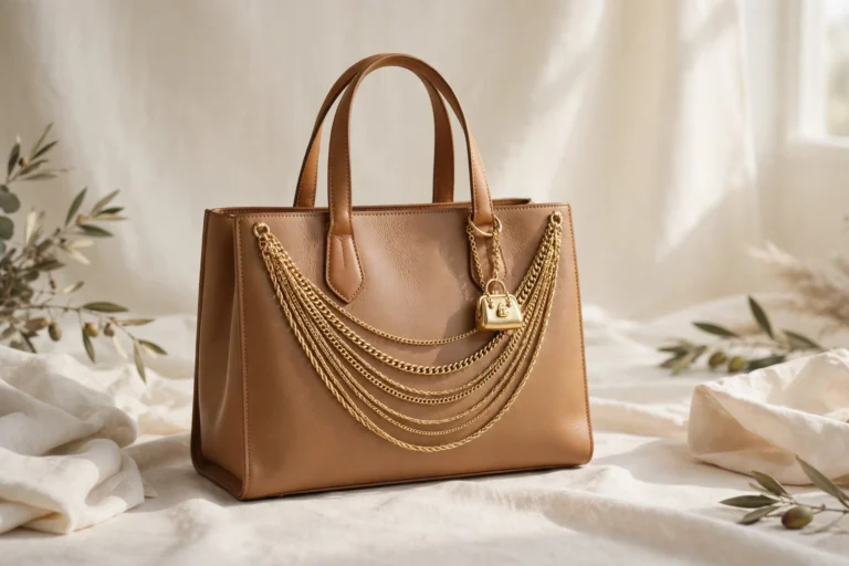 Tan leather luxury tote styled with a layered gold chain bag charm and mini purse charm