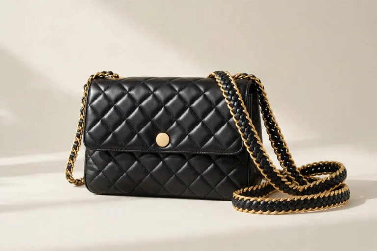 Black quilted leather flap bag with gold chain strap styled on an ivory background