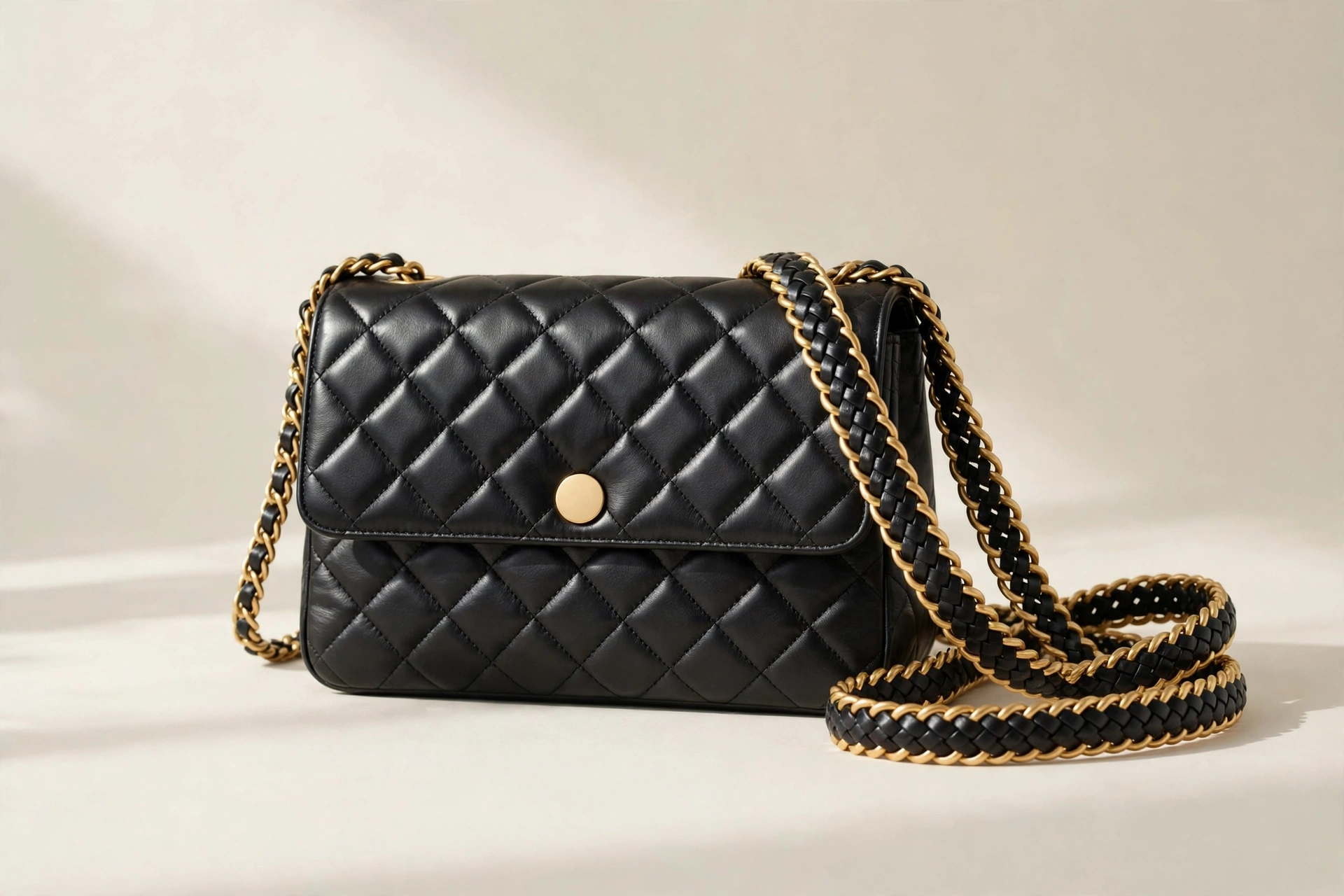 Black quilted leather flap bag with gold chain strap styled on an ivory background