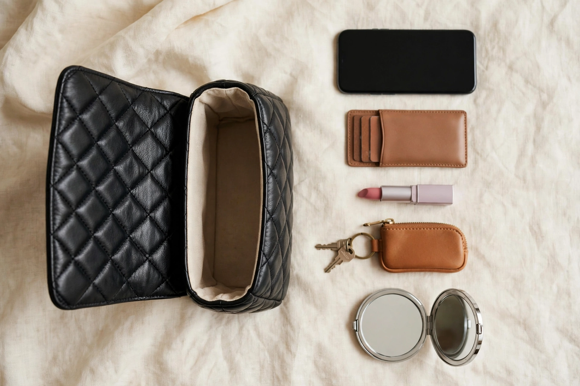 What fits inside a medium quilted flap bag: phone, card holder, lipstick, keys and compact